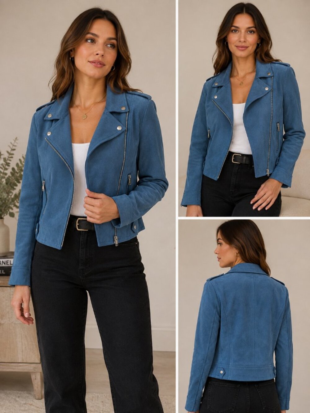 Women's Faux Suede Moto Jacket – Blue